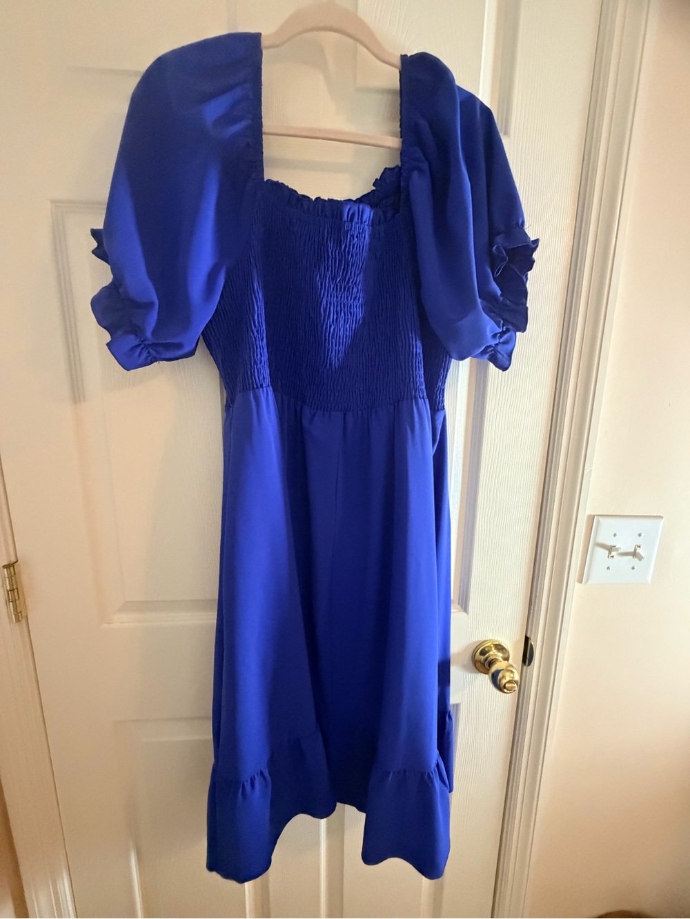 Midi Dress with Smocked Bodice and Puff Sleeves in Royal Blue